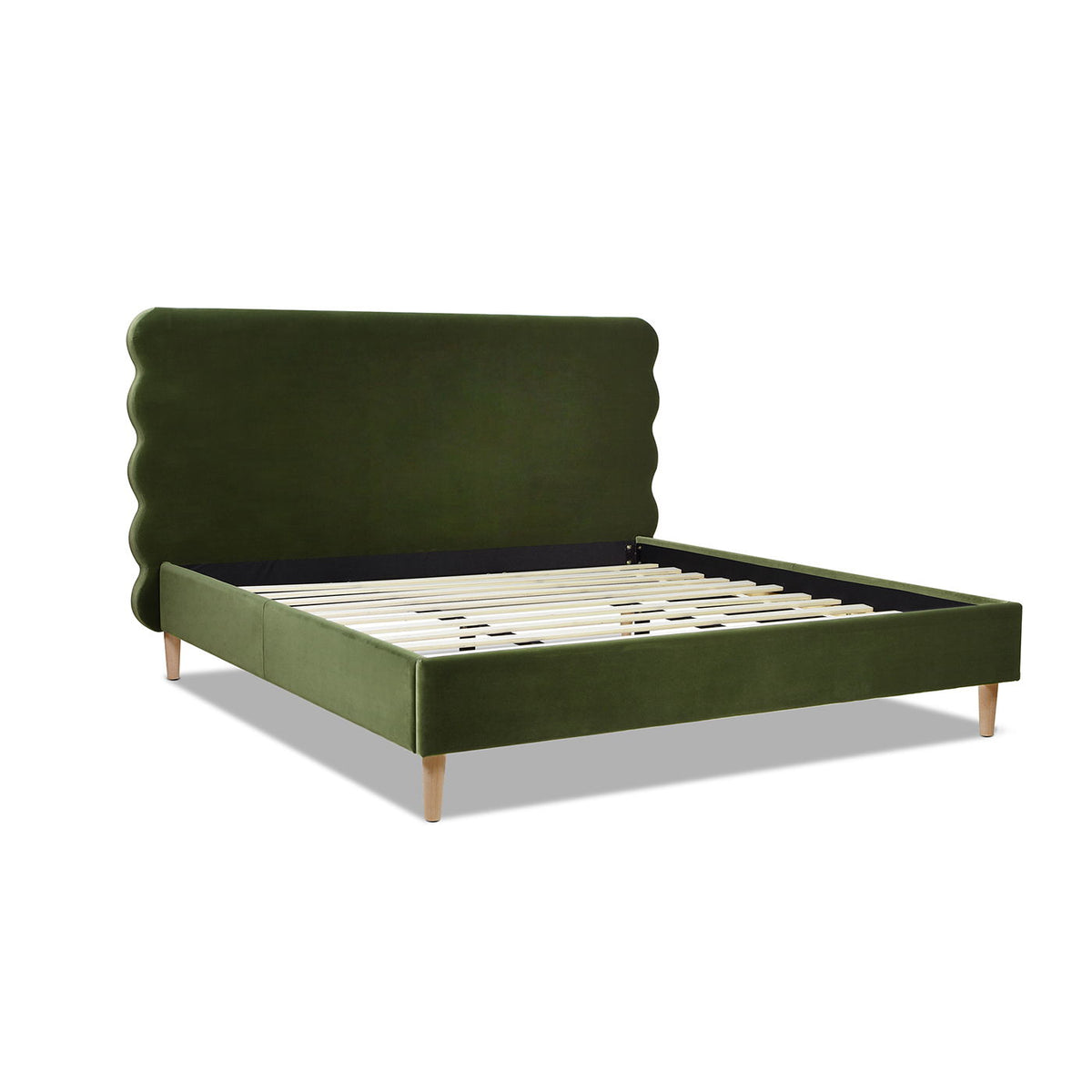 Modern Wavy Headboard Platform Bed with Upholstered Frame - White or Dark Green