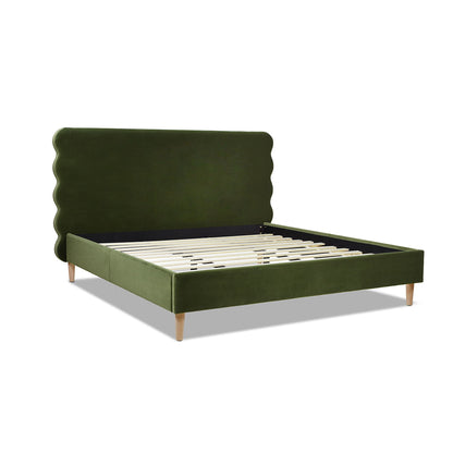 Modern Wavy Headboard Platform Bed with Upholstered Frame - White or Dark Green