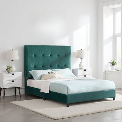Tufted Upholstered Headboard Platform Bed with Padded Headboard - Queen, Beige or Dark Green