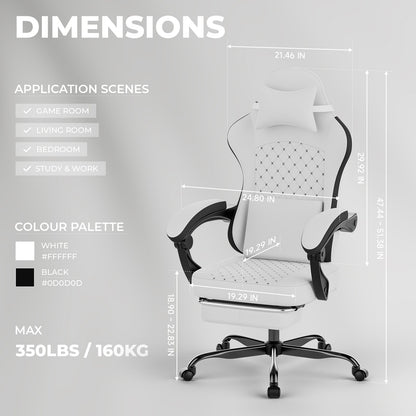 Gaming Chair with Massage and Ergonomic Design - White/Black