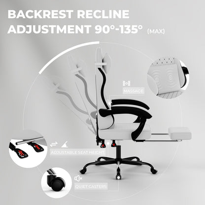 Gaming Chair with Massage and Ergonomic Design - White/Black