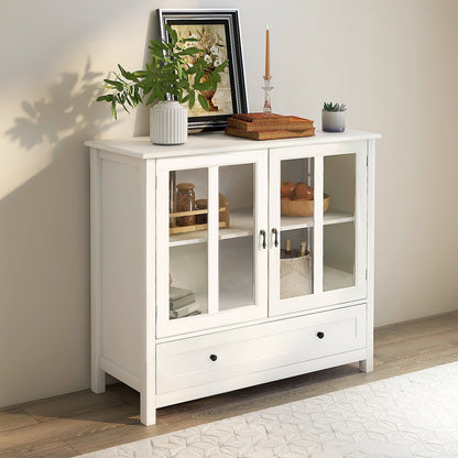 Buffet Storage Cabinet with Double Glass Doors and Bell Handle - White