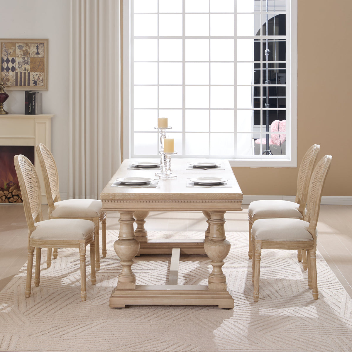 French Country Dining Chairs Set of 2 with Rattan Back - Beige Upholstery