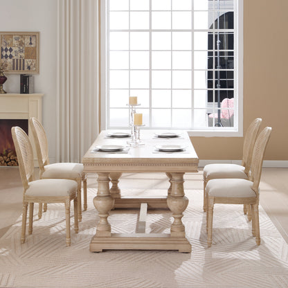French Country Dining Chairs Set of 2 with Rattan Back - Beige Upholstery