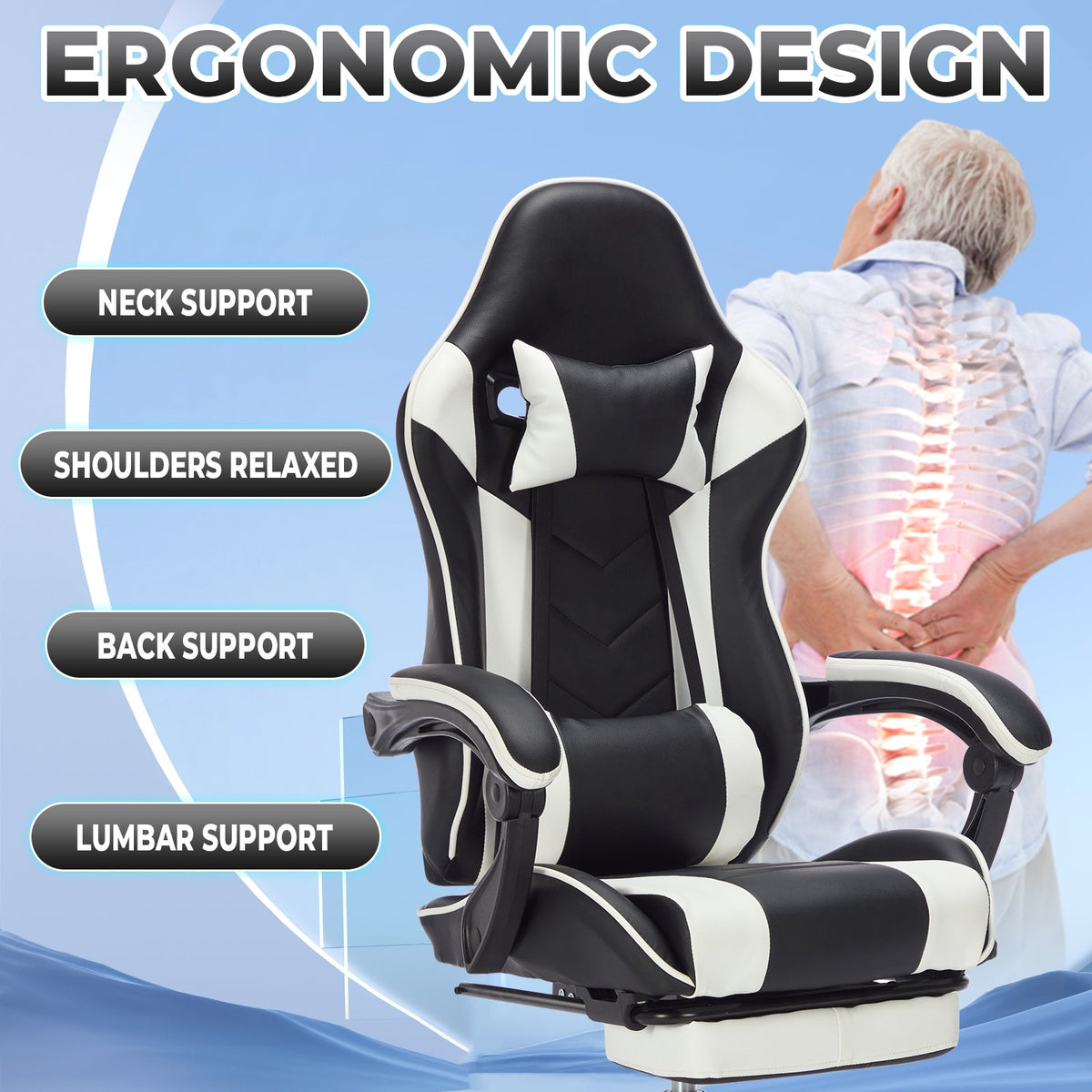 Ergonomic Gaming Chair with Footrest and Massage Lumbar Pillow – Black White / Black+Orange