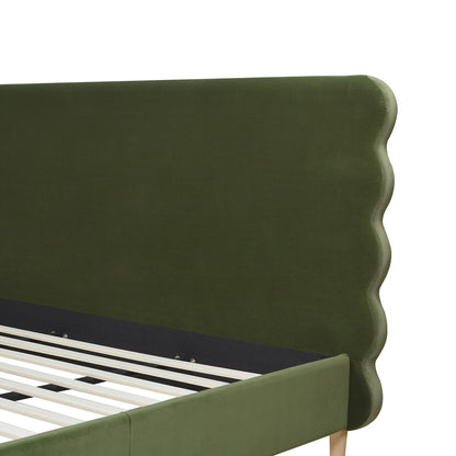 Modern Wavy Headboard Platform Bed with Upholstered Frame - White or Dark Green