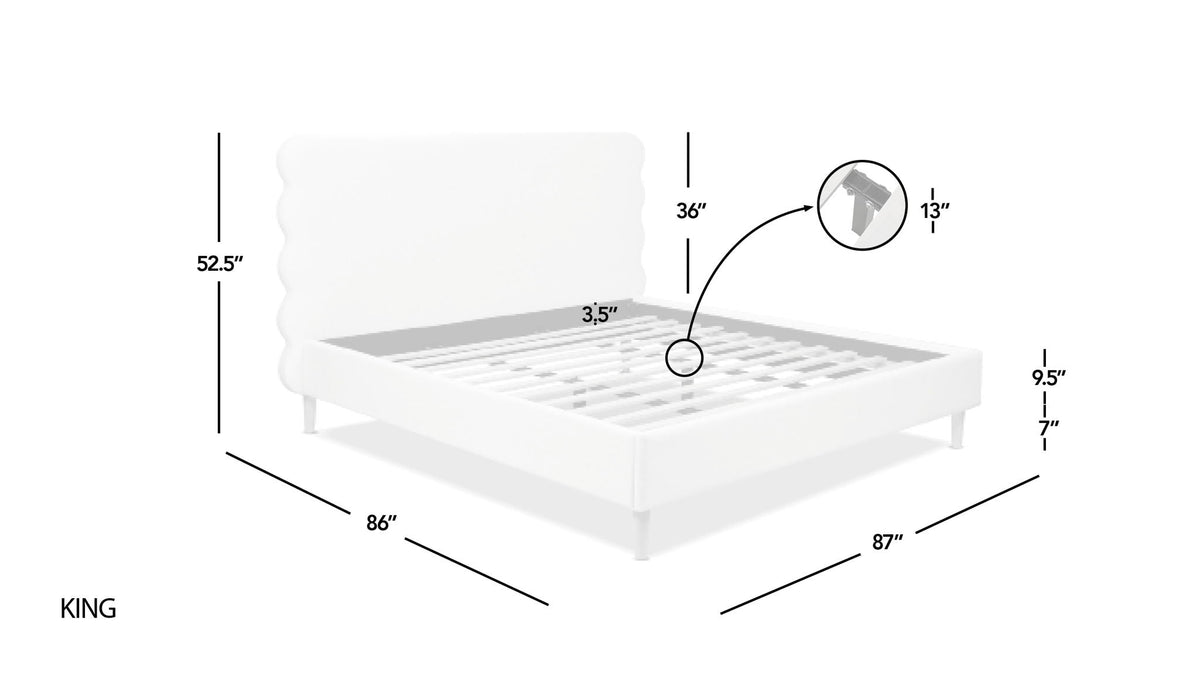 Modern Wavy Headboard Platform Bed with Upholstered Frame - White or Dark Green