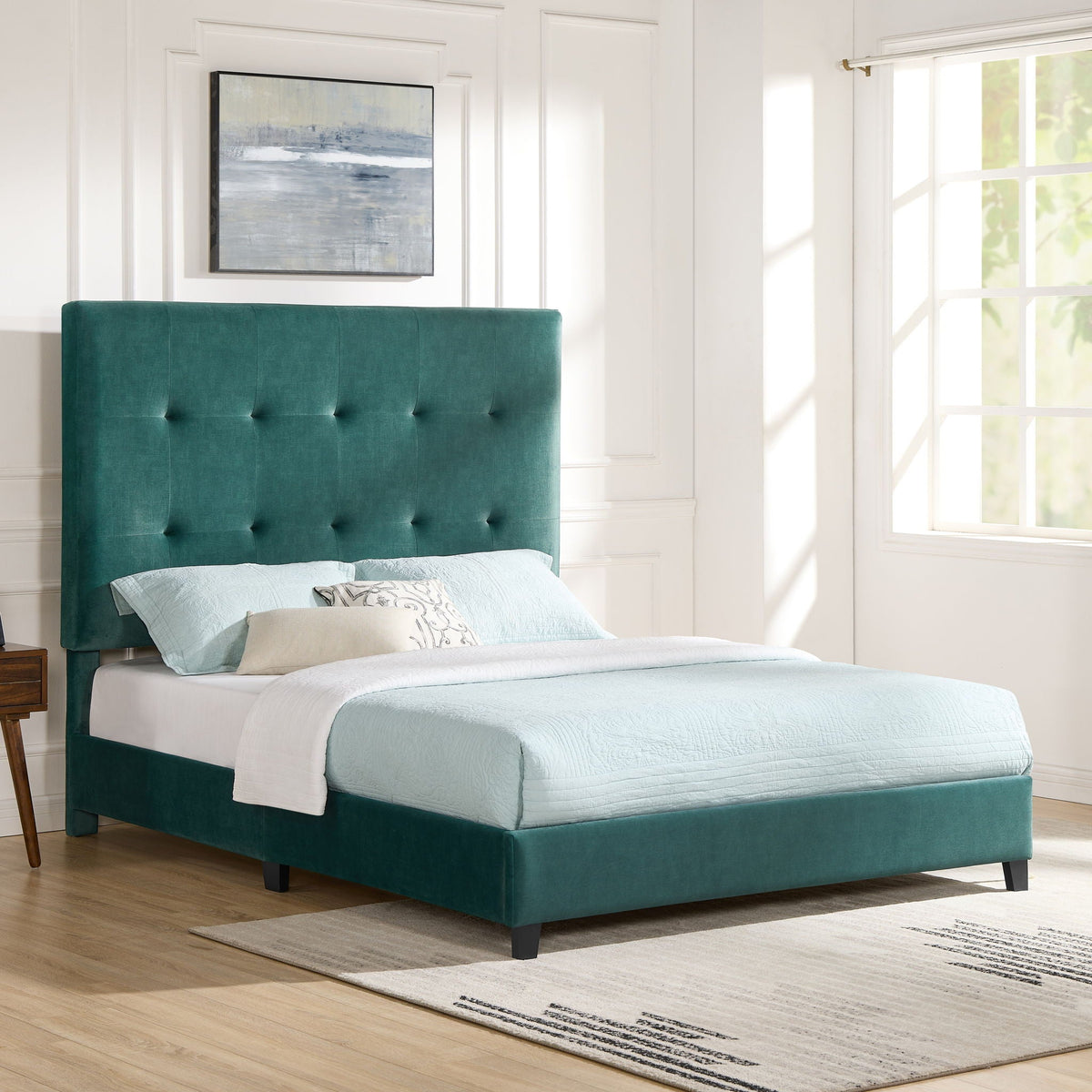 Tufted Upholstered Headboard Platform Bed with Padded Headboard - Queen, Beige or Dark Green