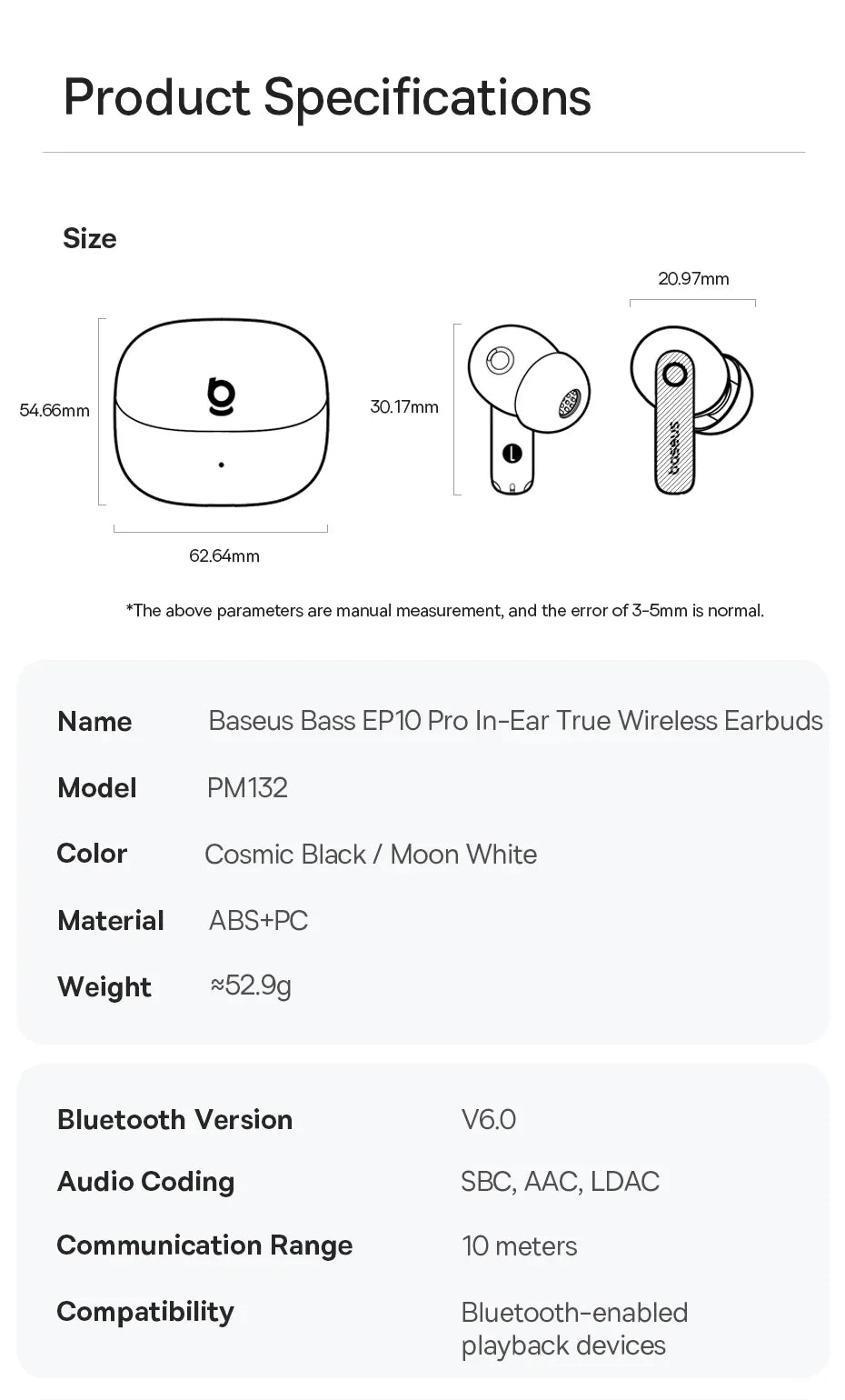 Baseus EP10 Pro ANC Earbuds Wireless Bluetooth 6.0 Earphones 50dB Realtime Adaptive Headphones 6 Mic Hi-Res LDAC IP55  Ear Buds
