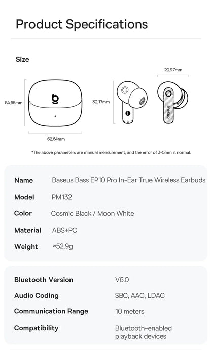 Baseus EP10 Pro ANC Earbuds Wireless Bluetooth 6.0 Earphones 50dB Realtime Adaptive Headphones 6 Mic Hi-Res LDAC IP55  Ear Buds