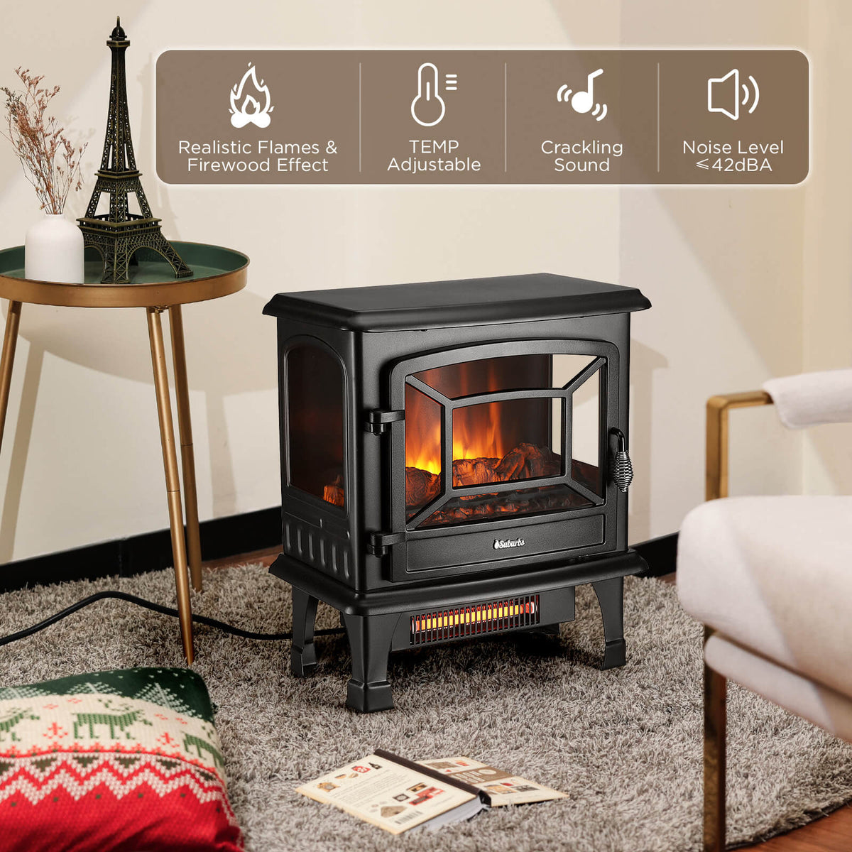Suburbs TS20-SD Electric Fireplace Stove Heater with Sound