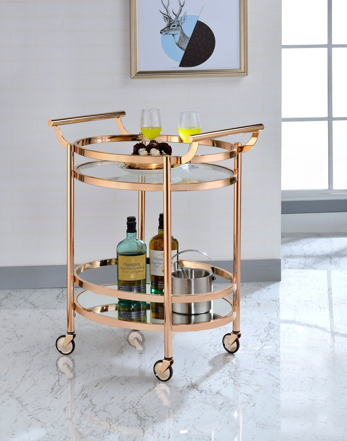 Lakelyn Clear Glass & Rose Gold Finish Serving Cart with 2 Shelves