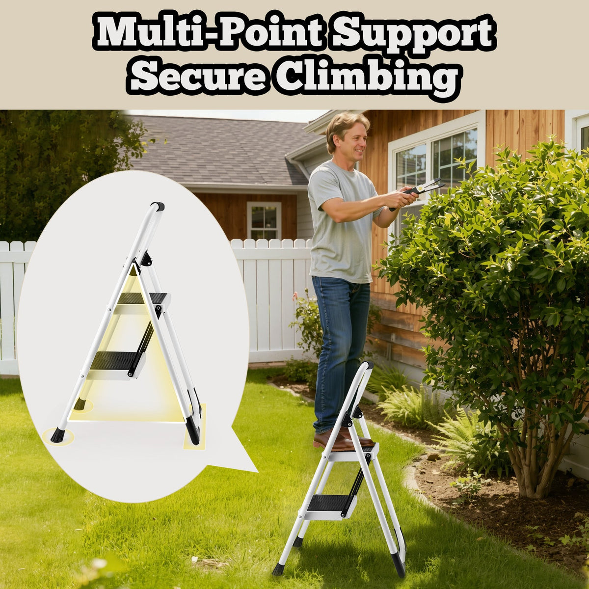 2 Step Ladder Folding Step Stool with Anti-Slip Wide Pedals - White PU