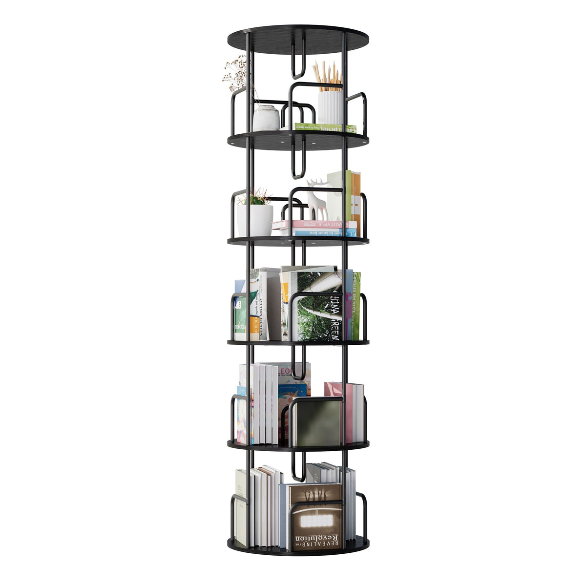 Rotating Bookshelf Tower 5 Tier Spinning 360 Degree Revolving Storage Shelf - Wood & Iron