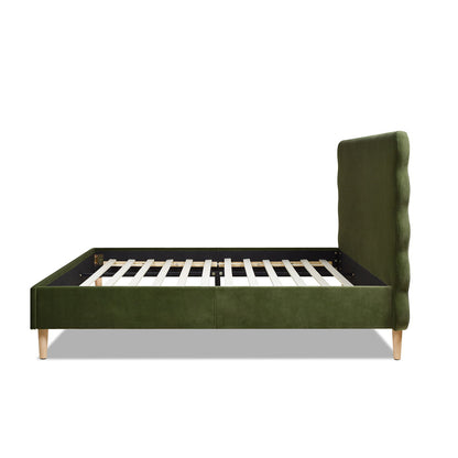 Modern Wavy Headboard Platform Bed with Upholstered Frame - White or Dark Green