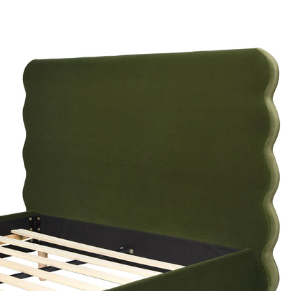 Modern Wavy Headboard Platform Bed with Upholstered Frame - White or Dark Green