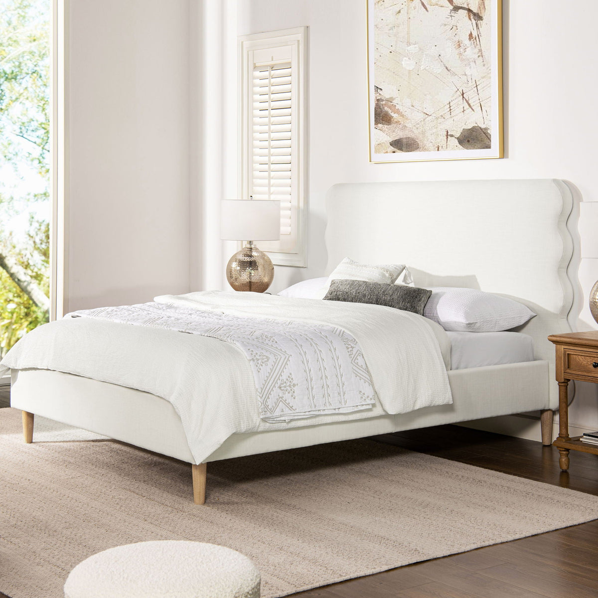 Modern Wavy Headboard Platform Bed with Upholstered Frame - White or Dark Green