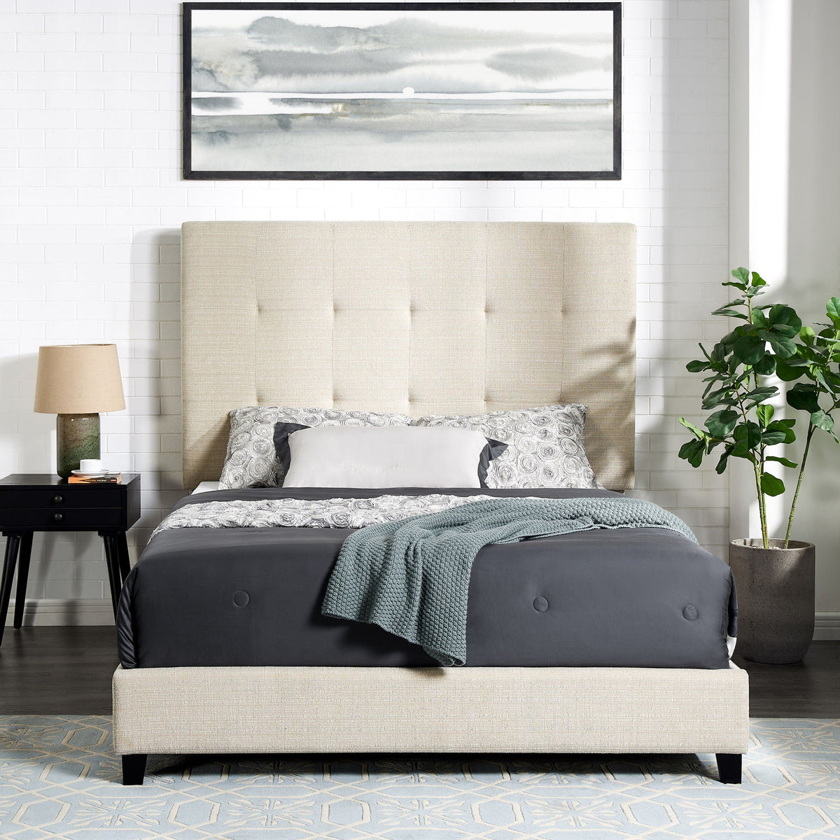 Tufted Upholstered Headboard Platform Bed with Padded Headboard - Queen, Beige or Dark Green