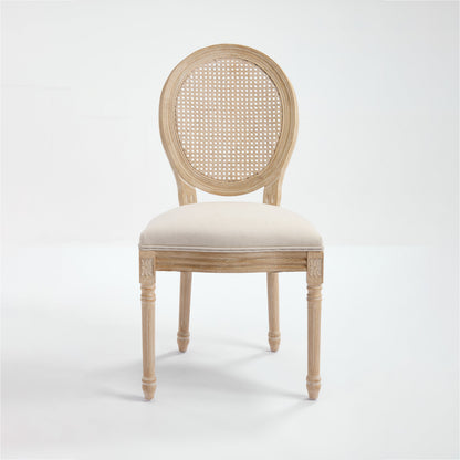 French Country Dining Chairs Set of 2 with Rattan Back - Beige Upholstery
