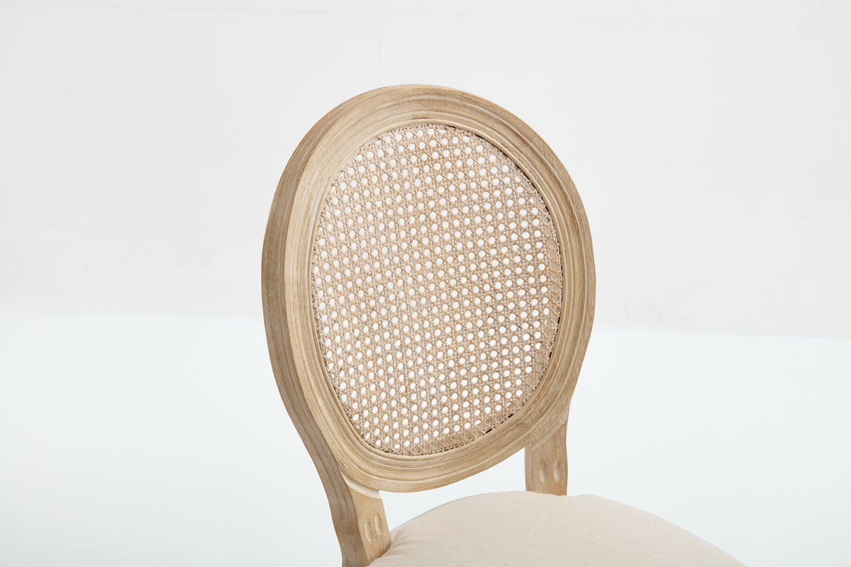 French Country Dining Chairs Set of 2 with Rattan Back - Beige Upholstery