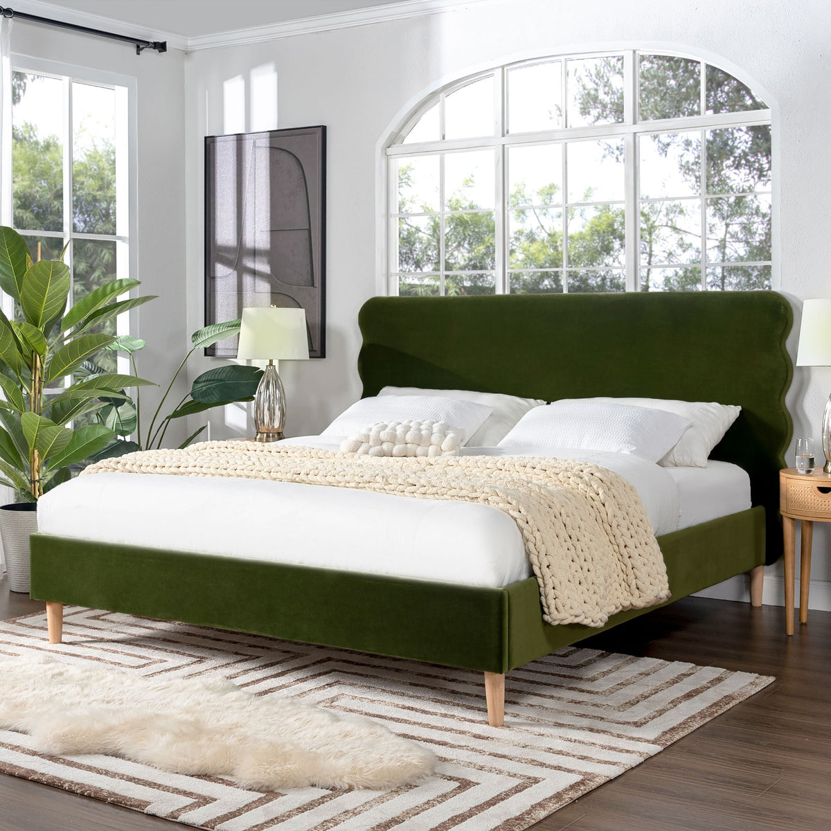 Modern Wavy Headboard Platform Bed with Upholstered Frame - White or Dark Green