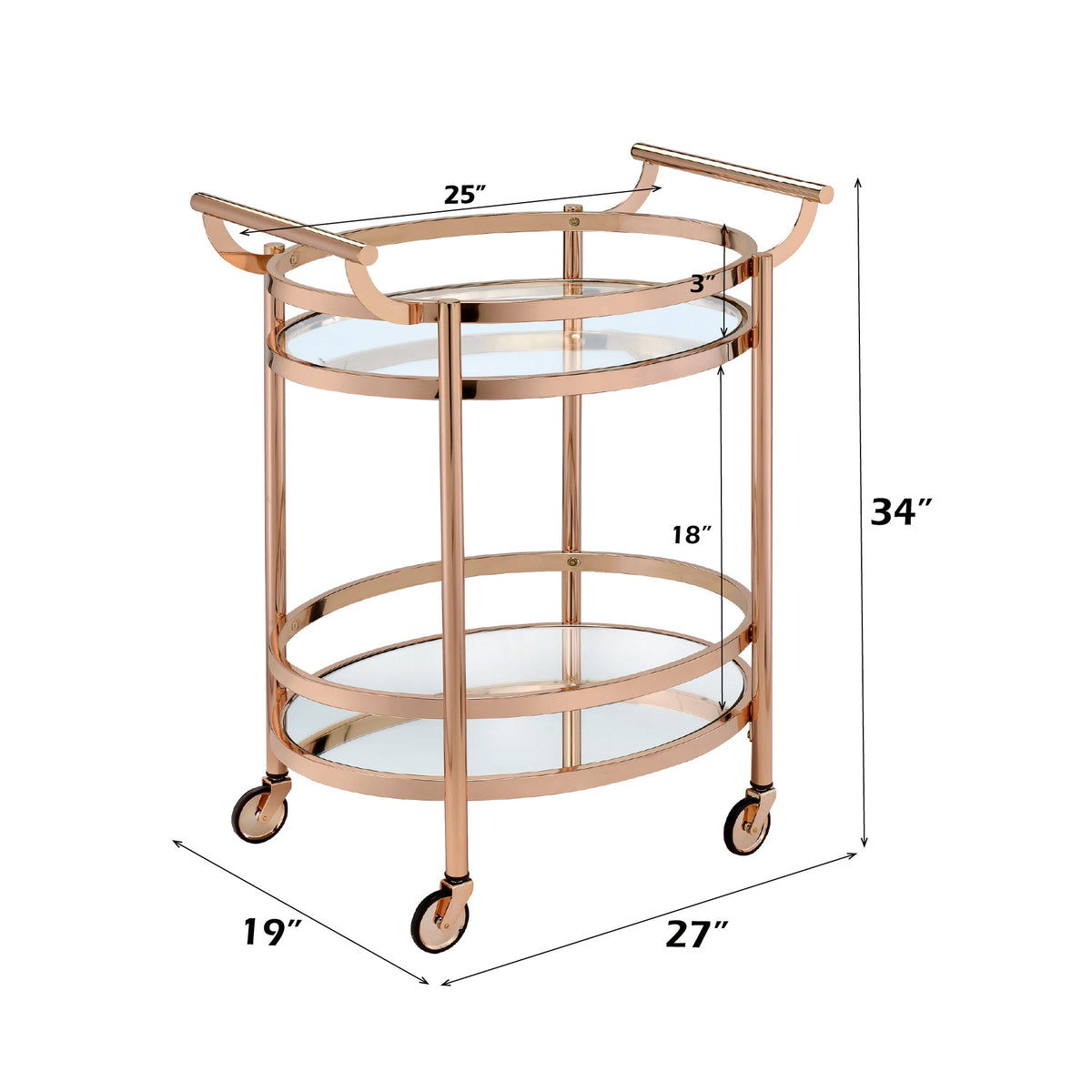 Lakelyn Clear Glass & Rose Gold Finish Serving Cart with 2 Shelves