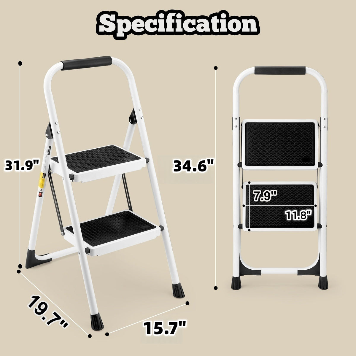 2 Step Ladder Folding Step Stool with Anti-Slip Wide Pedals - White PU