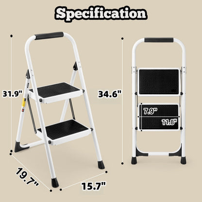 2 Step Ladder Folding Step Stool with Anti-Slip Wide Pedals - White PU