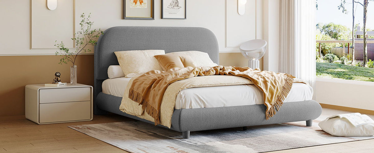 Upholstered Platform Bed with Curve-Shaped Frame - Teddy Fleece - Beige or Dark Gray