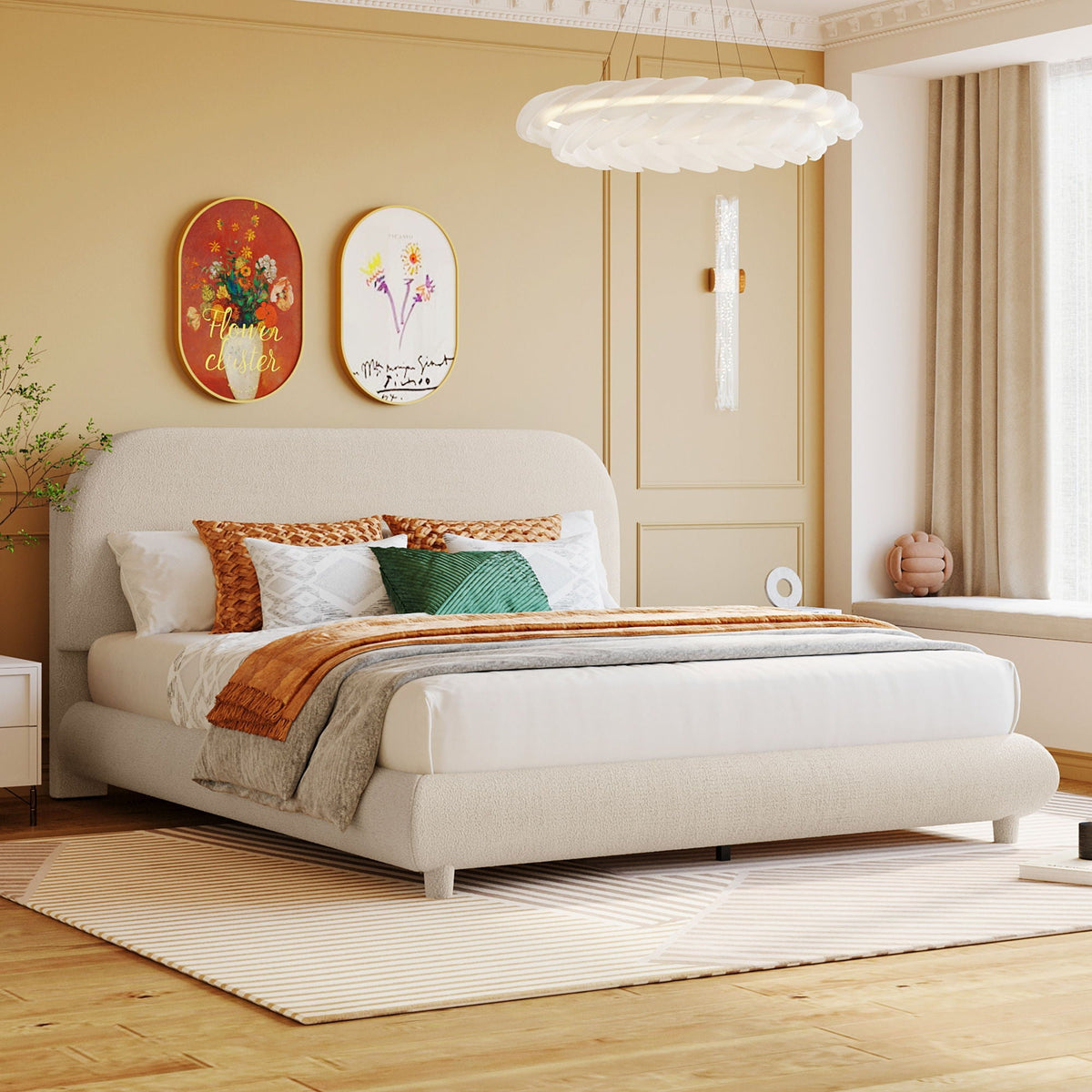 Upholstered Platform Bed with Curve-Shaped Frame - Teddy Fleece - Beige or Dark Gray