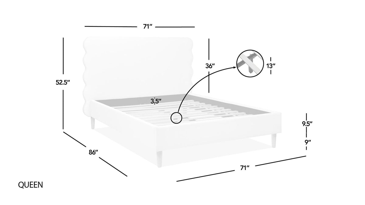 Modern Wavy Headboard Platform Bed with Upholstered Frame - White or Dark Green