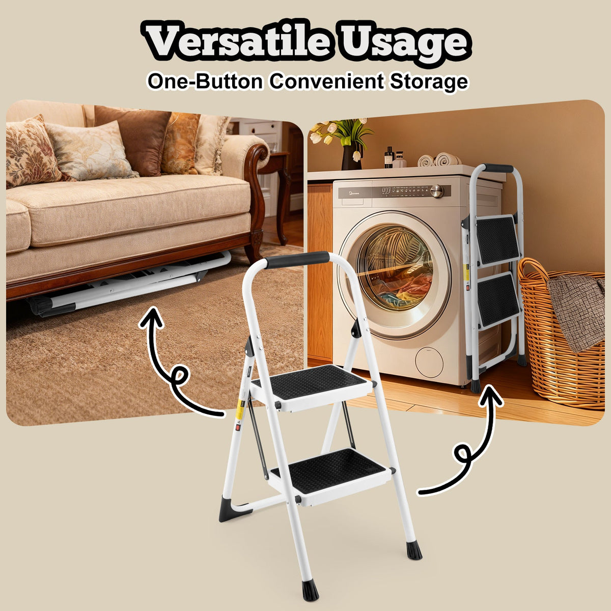 2 Step Ladder Folding Step Stool with Anti-Slip Wide Pedals - White PU
