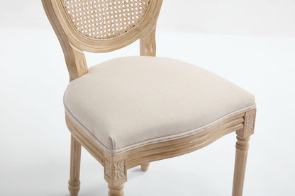 French Country Dining Chairs Set of 2 with Rattan Back - Beige Upholstery
