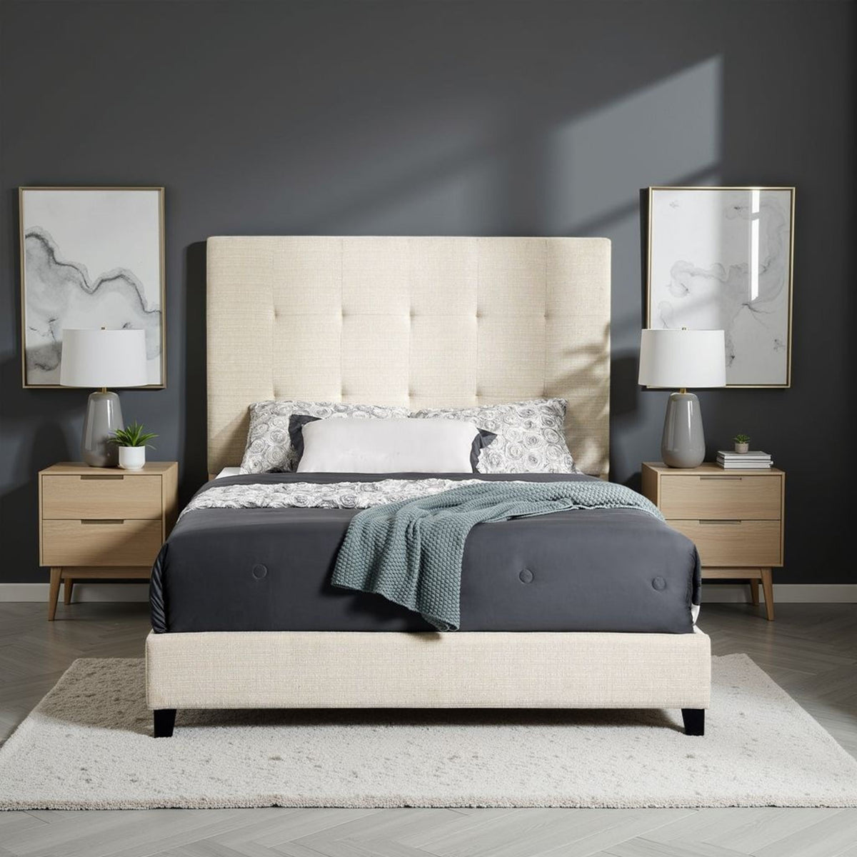 Tufted Upholstered Headboard Platform Bed with Padded Headboard - Queen, Beige or Dark Green