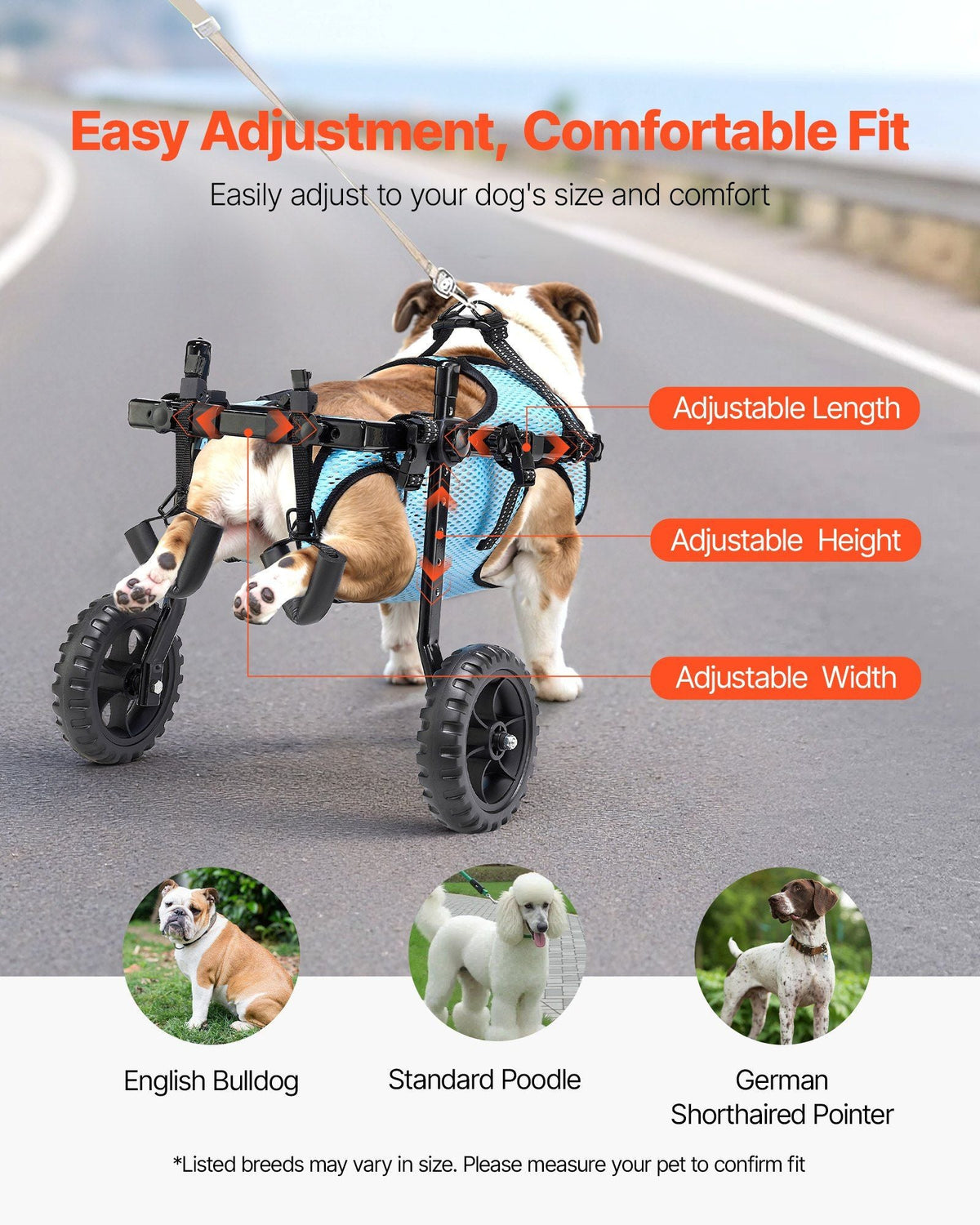 VEVOR Dog Wheelchair for Back Legs, Adjustable 2 Wheels Pet Wheelchair, Lightweight Dog Cart with Shock-Absorbing Wheels, Mobility Support Wheel Chair for Disabled Injured Dogs up to 33lbs, Medium