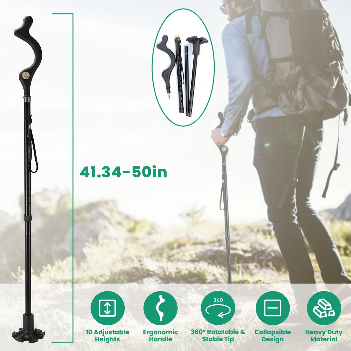 Posture Walking Cane for Men Women Old People Collapsible Walking Cane Heavy Duty Walking Stick with 10 Adjustable Heights for Hiking