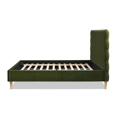 Modern Wavy Headboard Platform Bed with Upholstered Frame - White or Dark Green