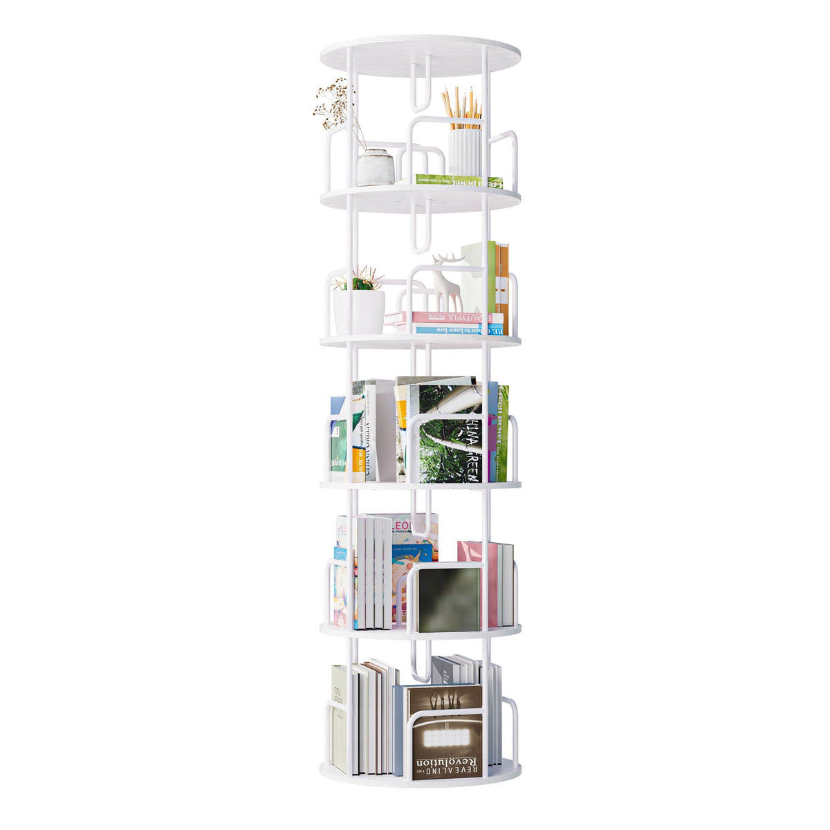 Rotating Bookshelf Tower 5 Tier Spinning 360 Degree Revolving Storage Shelf - Wood & Iron