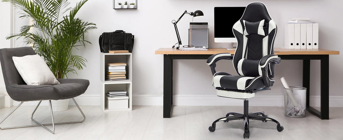 Ergonomic Gaming Chair with Footrest and Massage Lumbar Pillow – Black White / Black+Orange