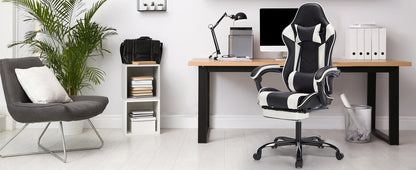 Ergonomic Gaming Chair with Footrest and Massage Lumbar Pillow – Black White / Black+Orange