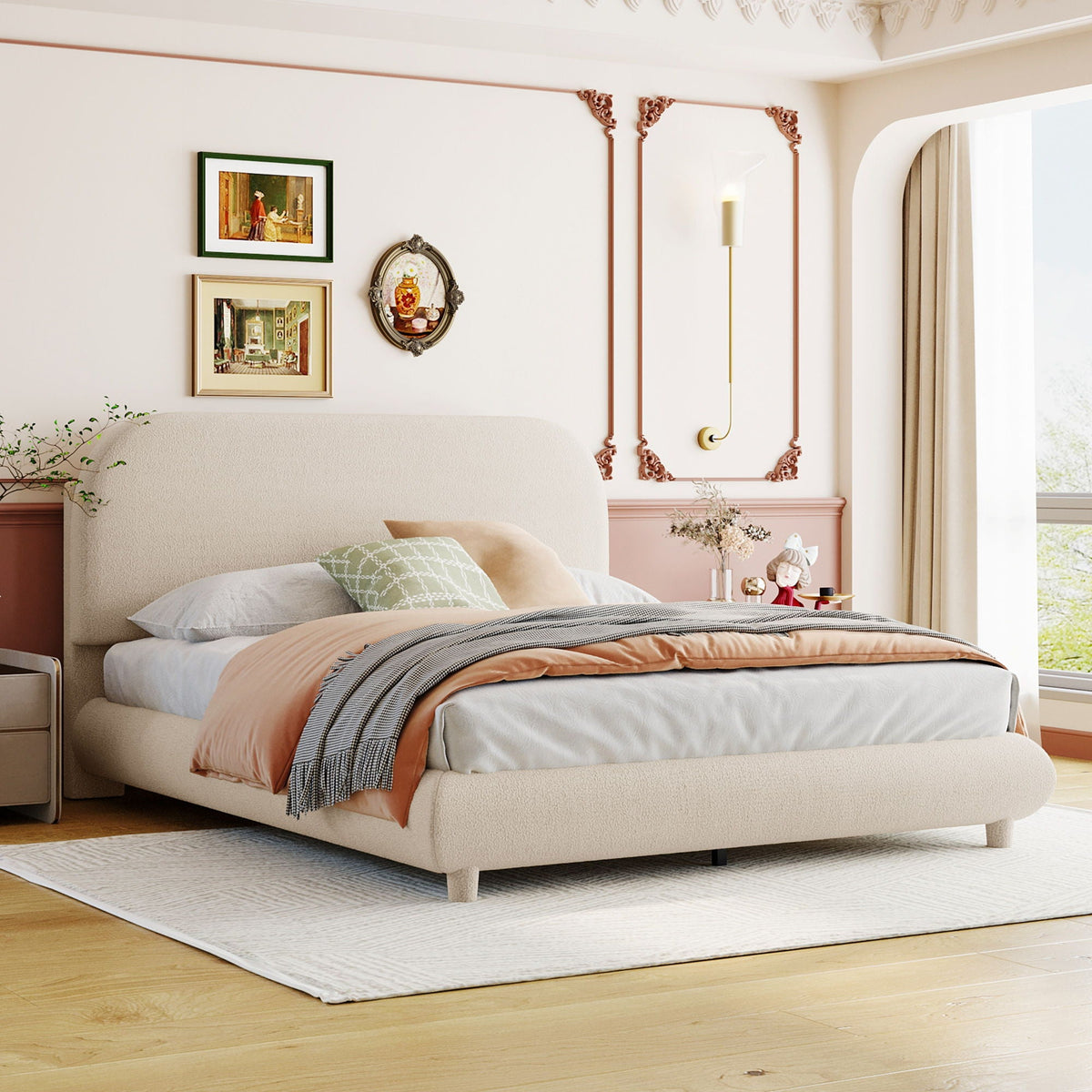 Upholstered Platform Bed with Curve-Shaped Frame - Teddy Fleece - Beige or Dark Gray