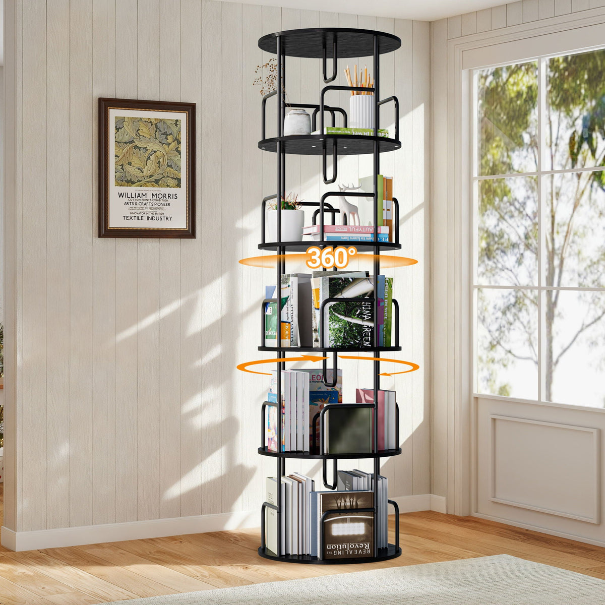 Rotating Bookshelf Tower 5 Tier Spinning 360 Degree Revolving Storage Shelf - Wood & Iron