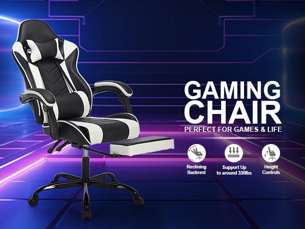 Ergonomic Gaming Chair with Footrest and Massage Lumbar Pillow – Black White / Black+Orange