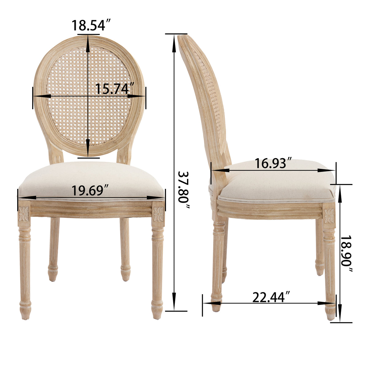 French Country Dining Chairs Set of 2 with Rattan Back - Beige Upholstery