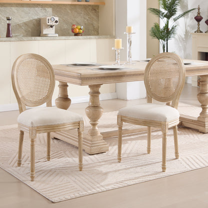 French Country Dining Chairs Set of 2 with Rattan Back - Beige Upholstery