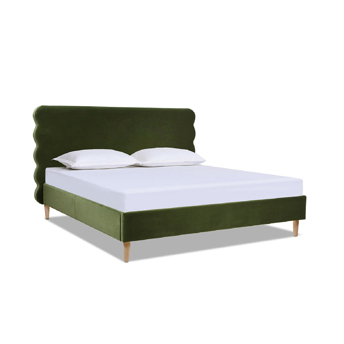 Modern Wavy Headboard Platform Bed with Upholstered Frame - White or Dark Green