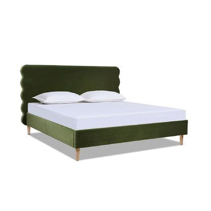 Modern Wavy Headboard Platform Bed with Upholstered Frame - White or Dark Green