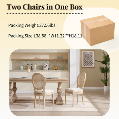 French Country Dining Chairs Set of 2 with Rattan Back - Beige Upholstery