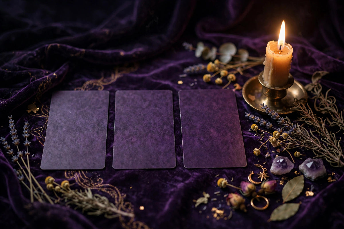 Three face-down tarot cards on dark velvet beside a lit candle