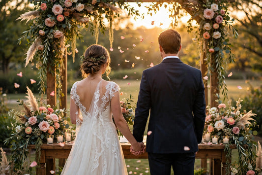 Couple holding hands at a flower-adorned outdoor wedding altar at golden hour